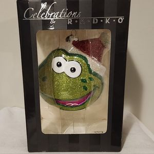 Celebrations By Christopher Radko Frog W/Santa Hat Designer Glass Ornament